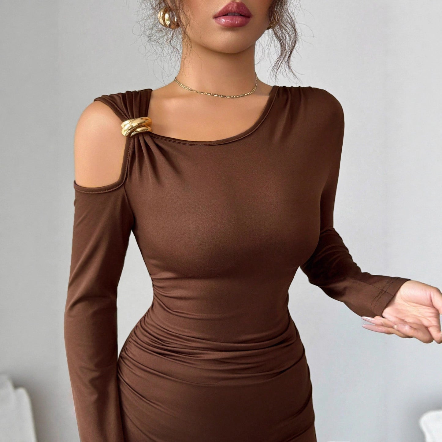 Women's Solid-color Off-shoulder Long-sleeve Top With Metal-decorated Dress