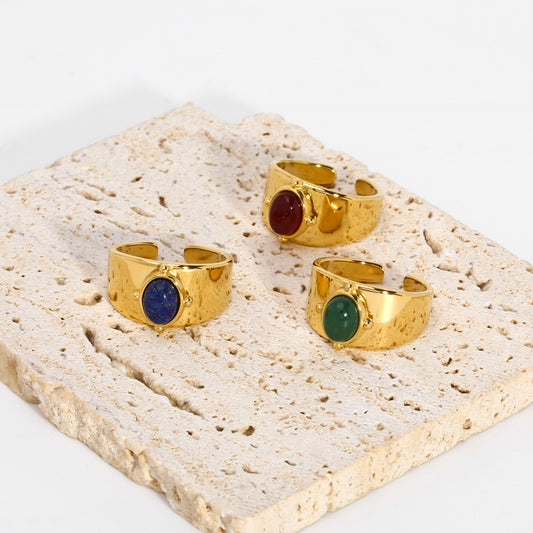 Gold Wide Face Inlaid Oval Natural Stone Ring
