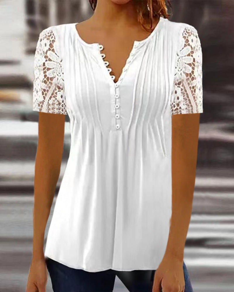 Women's Lace Lace Sleeve Pleated Solid Color Printing Button Short Sleeve