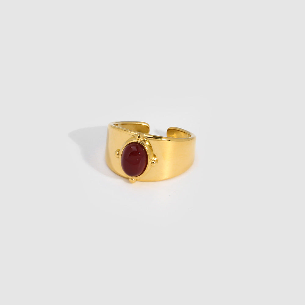 Gold Wide Face Inlaid Oval Natural Stone Ring