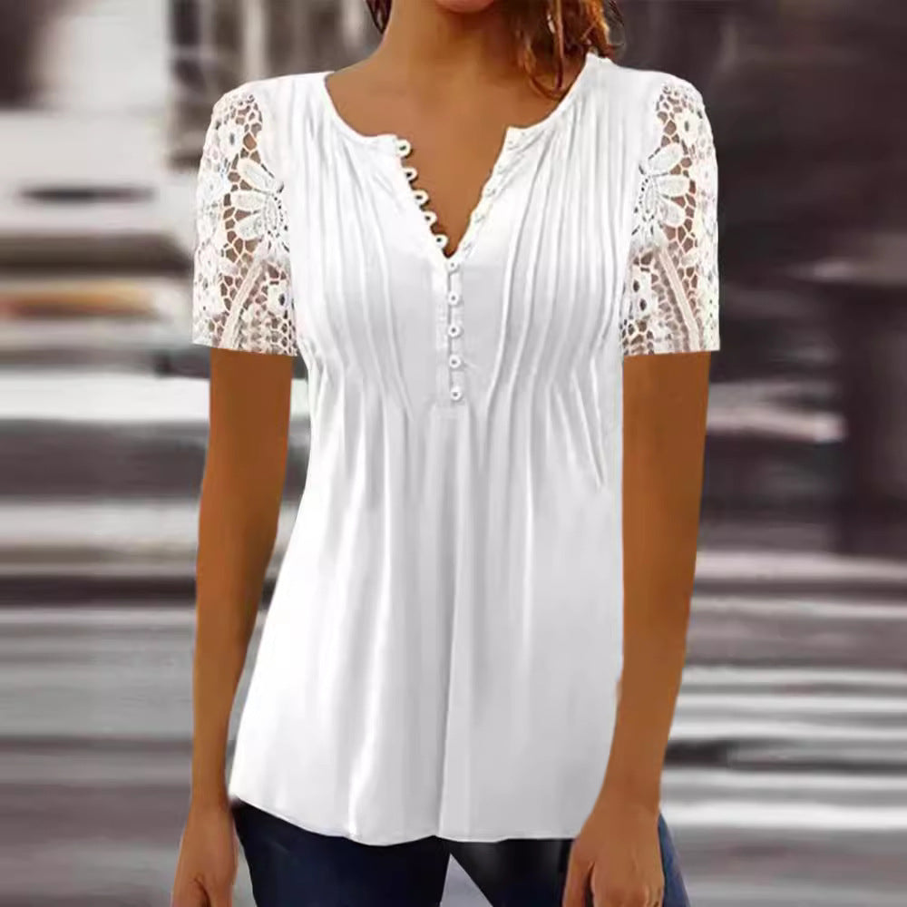 Women's Lace Lace Sleeve Pleated Solid Color Printing Button Short Sleeve