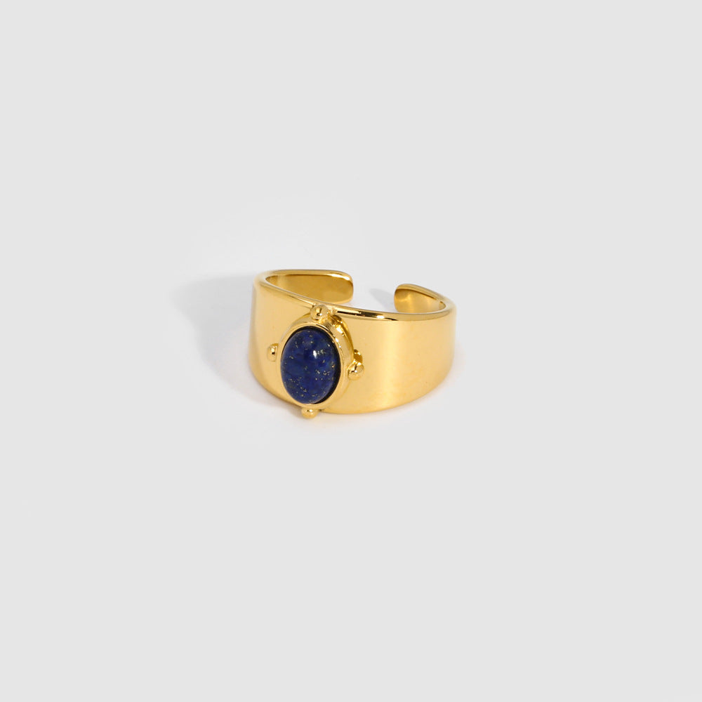 Gold Wide Face Inlaid Oval Natural Stone Ring