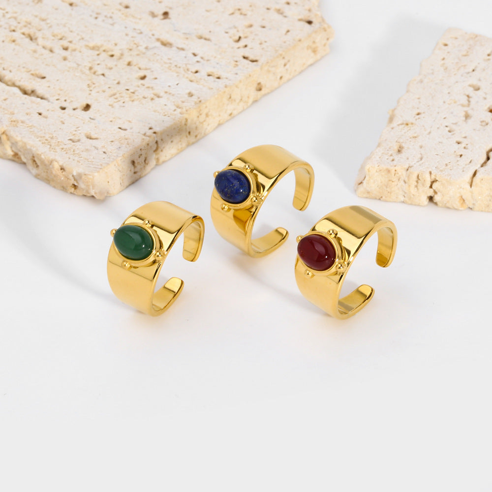 Gold Wide Face Inlaid Oval Natural Stone Ring