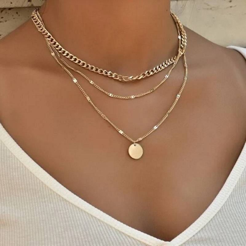 Women's Multilayer Necklace Ins Fashion Disc Pendant Clavicle Necklace Chains Personality Jewelry