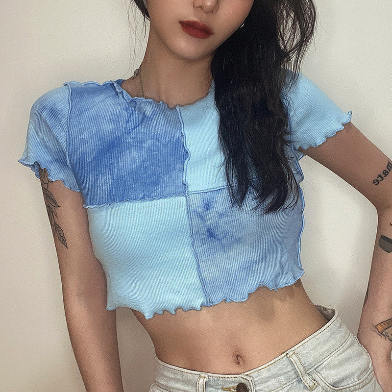 Round neck color matching purple top T-shirt for woman