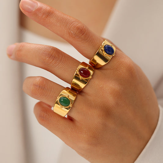 Gold Wide Face Inlaid Oval Natural Stone Ring