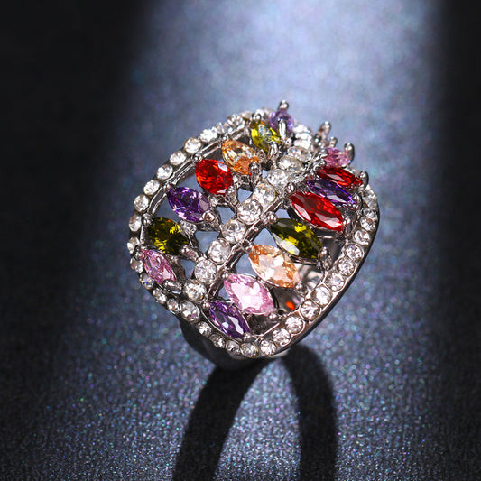 Women's Elegant And Versatile Zircon Ring With Colorful Leaf Design
