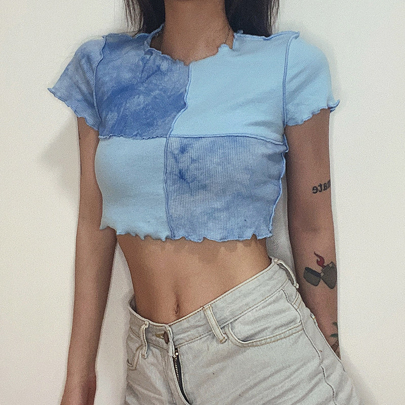 Round neck color matching purple top T-shirt for woman