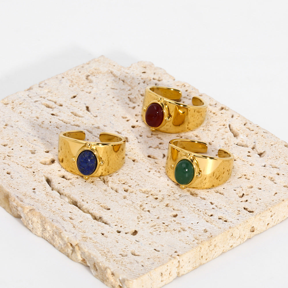 Gold Wide Face Inlaid Oval Natural Stone Ring
