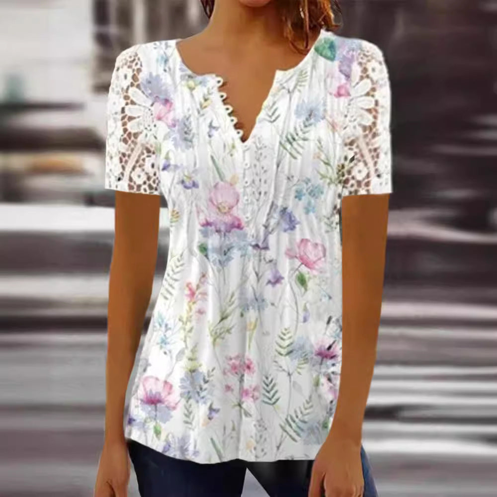 Women's Lace Lace Sleeve Pleated Solid Color Printing Button Short Sleeve