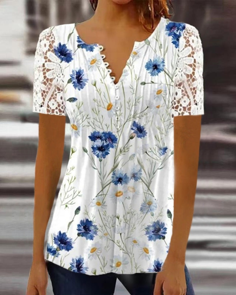 Women's Lace Lace Sleeve Pleated Solid Color Printing Button Short Sleeve