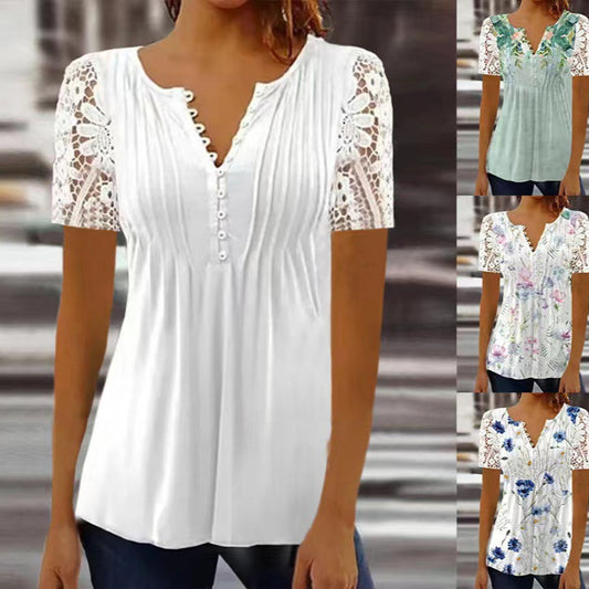 Women's Lace Lace Sleeve Pleated Solid Color Printing Button Short Sleeve