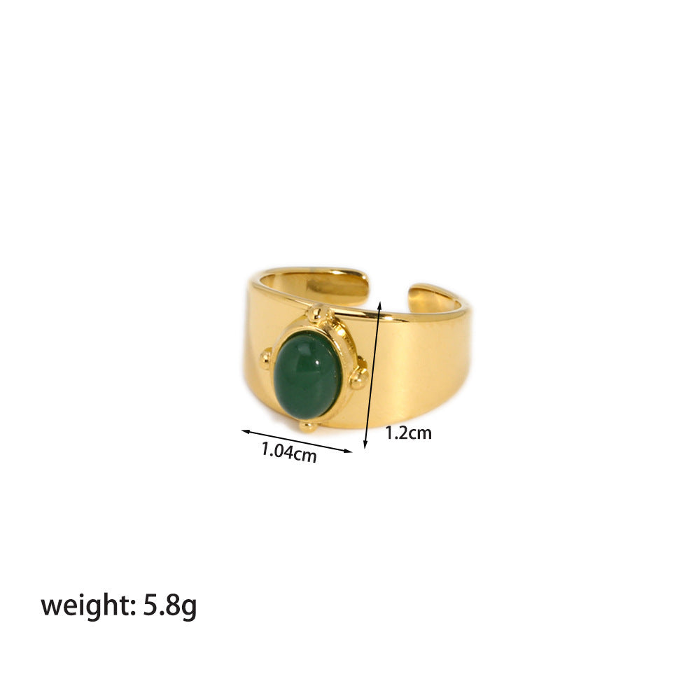 Gold Wide Face Inlaid Oval Natural Stone Ring