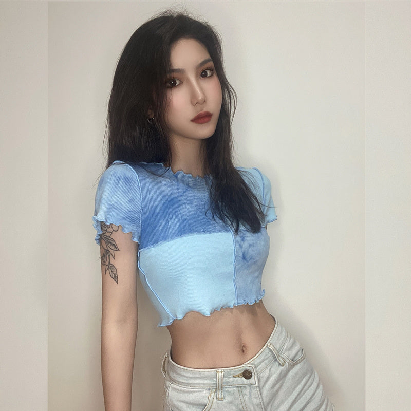 Round neck color matching purple top T-shirt for woman