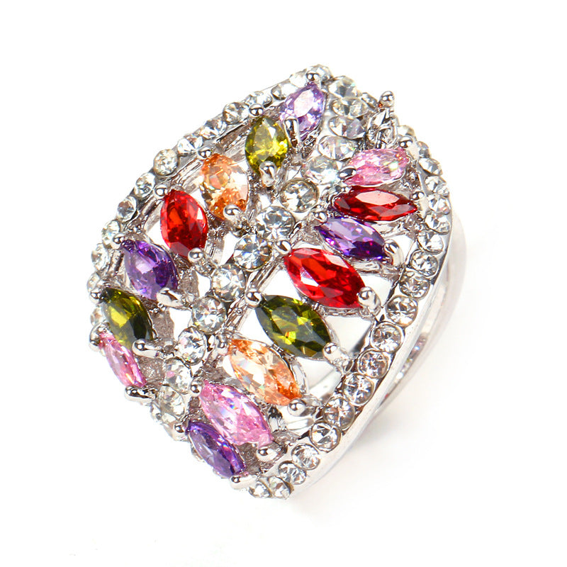 Women's Elegant And Versatile Zircon Ring With Colorful Leaf Design