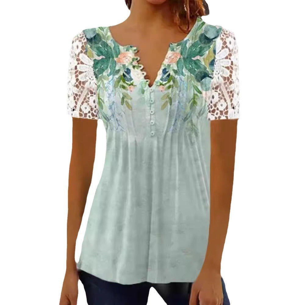 Women's Lace Lace Sleeve Pleated Solid Color Printing Button Short Sleeve