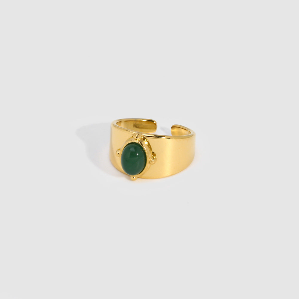 Gold Wide Face Inlaid Oval Natural Stone Ring