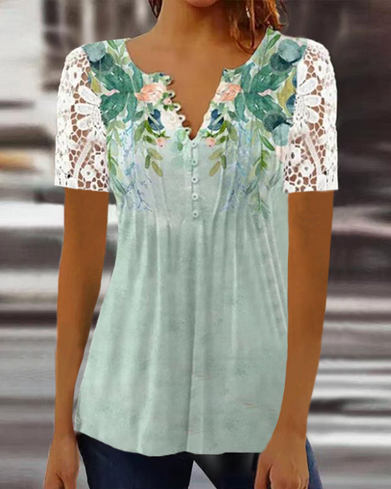 Women's Lace Lace Sleeve Pleated Solid Color Printing Button Short Sleeve