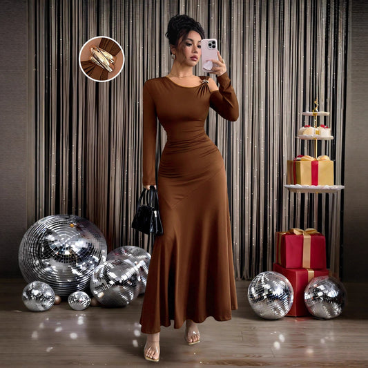 Women's Solid-color Off-shoulder Long-sleeve Top With Metal-decorated Dress